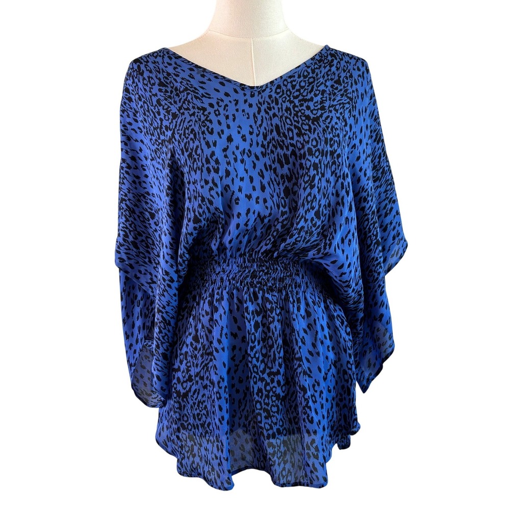 Parker Silk Blue Black Leopard Print Blouson Top Dolman Sleeve Size Small